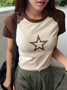 DAZY Áo thun tay ngắn in hình ngôi sao khối màu Y2k, Áo crop top nữ, Áo thun họa tiết - màu nâu - Xem 6