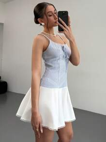 Aloruh Minivestido de mujer con camisola de parches y rayas de contraste