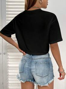 SHEIN Unity Letter Graphic Drop Shoulder Tee Graphic Tees Women Tops - Black - View 2