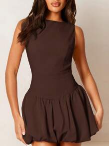 Athîral 女士优雅纯色无袖蕾丝气球下摆亚麻外观迷你连衣裙