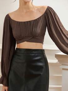 Aveloria Rosie Rosie Knotted Tie Front Convertible Off Shoulder Cropped Shirt  Old Money Style For Spring Fall - Coffee Brown - View 4