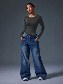 Slayoga Damski jednokolorowy kombinezon z długim rękawem i odkrytymi plecami, z okrągłym dekoltem