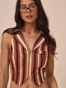 MUSERA Chaleco ajustado con cuello de halter abierto, con cremallera y rayas, solo para y verano, para festivales y raves - Multicolor - Ver 1