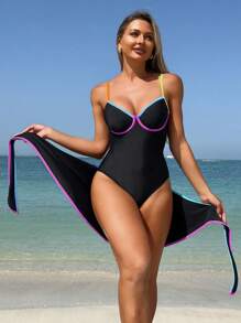 Swim SPRTY Women 2 Pieces Set, Solid Color Contrast Binding Push Up Strap Tie Front One Piece & Wrap Skirt Beach Outfit For Summer Holiday - Black - View 8