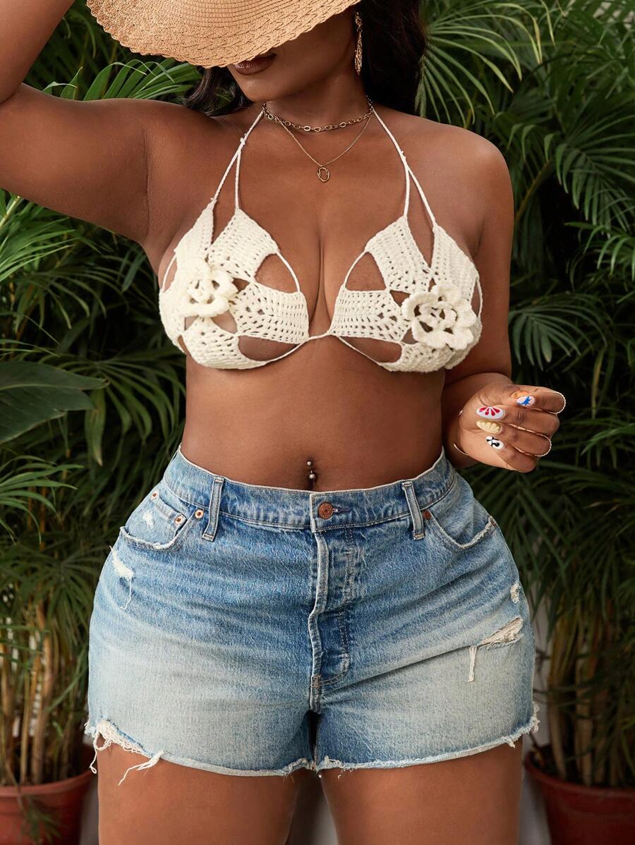 SHEIN Slayr CURVE Plus Size Women's Vacation 3D Crocheted Floral Halter Neck Cover Up Top - White - View 1