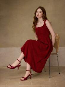 MOTF PREMIUM 优雅蝴蝶结系带女式高跟凉鞋，精致蝴蝶结设计，舒适宽头，细跟中跟，约会穿着舒适，安哥拉红色 - 酒紅色 - 查看 10