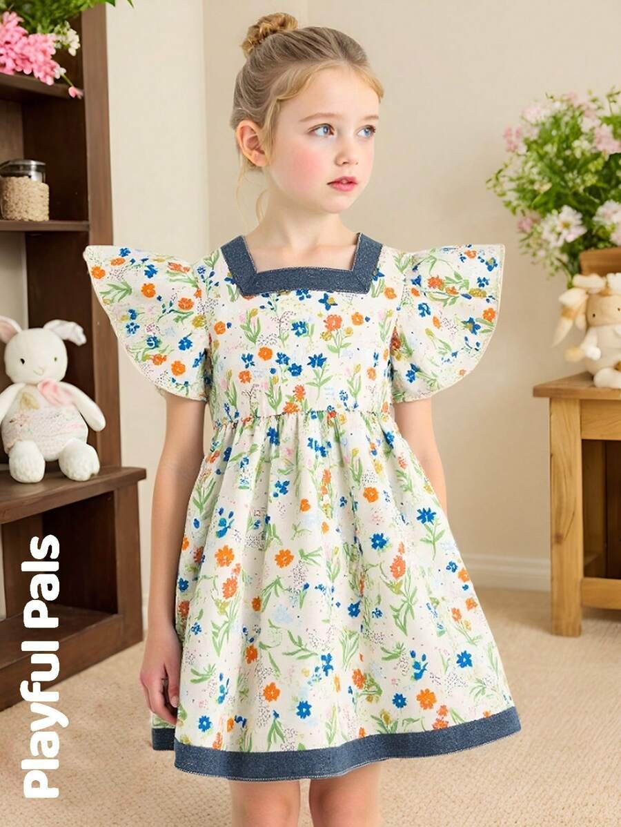 SHEIN 1pc Girls Retro Floral Bunny Print Dress, Pleated Ruffle Puff Sleeves, Peter Pan Collar With Elastic Waist, Fashionable Vintage Style