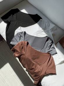 Comfortcana Áo thun nữ 4 món cổ vuông tay ngắn mùa hè, đơn sắc, thời trang mùa hè cho nữ - Nhiều màu - Xem 4