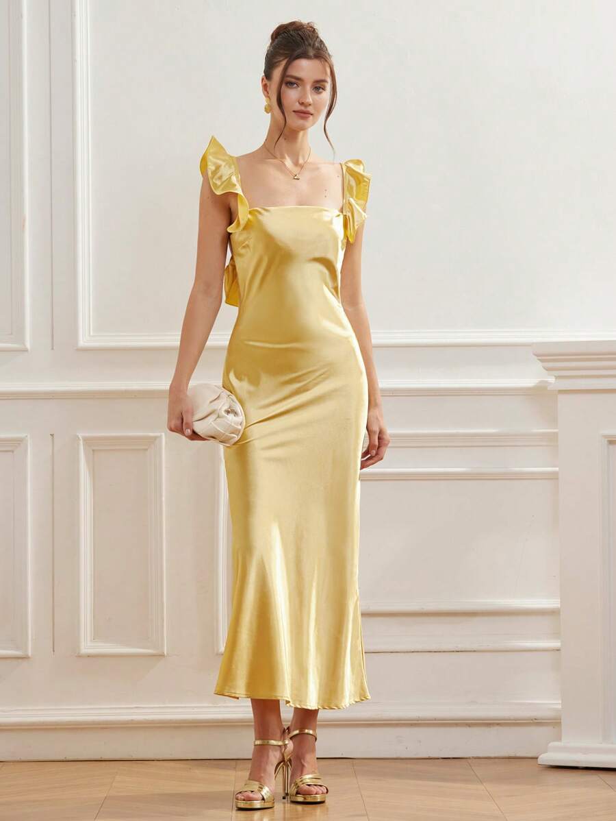 Aveloria Rosie Romantic Vacation Ruffled Cap Sleeve Square Neck Lustrous Textured Waist Fitted Dress For Women Elegant FashionableOld Money Style  Baby Yellow For Summer - Yellow - View 1