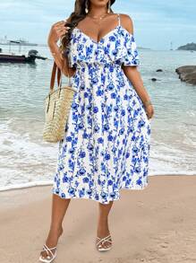 SHEIN Clasi Plus Size Women Off Shoulder Big Floral Cinched Waist Dress - Blue and White - View 3