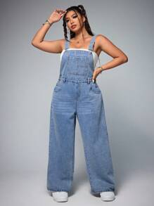 SHEIN ICON Plus Size Women Loose Casual Pocket Straight Leg Denim Jumpsuit - Blue - View 1