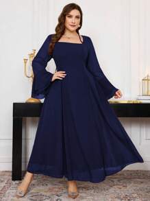 Modelyn 1 件女式大码荷叶边长袖系带修身雪纺连衣裙，春秋季长款女士装长款晚礼服