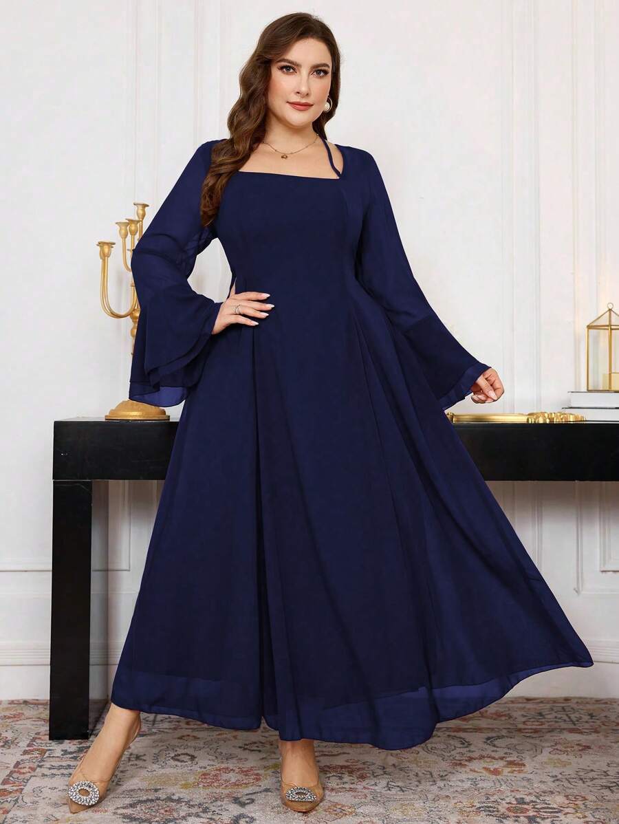 Modelyn 1 件女式大码荷叶边长袖系带修身雪纺连衣裙，春秋季长款女士装长款晚礼服