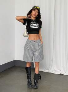 StreetHx Women's Casual Black & White Plaid Shorts, Spring - Black and White - View 5