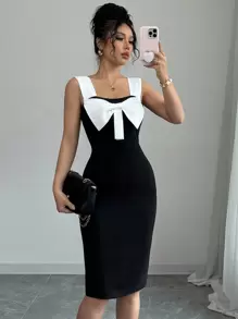 Selianne Đầm bodycon thắt nơ màu tương phản lãng mạn thanh lịch dành cho nữ, thích hợp mặc hàng ngày, đi làm và đi nghỉ - màu đen - Xem 1