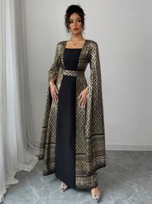 Calvaya Vestido largo de manga farol con cuello cuadrado minimalista y estampado de lámina, para primavera y verano