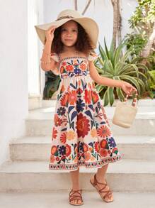 SHEIN SLAYR KIDS Young Girl Vacation Casual Floral Print Square Neck Ruffle Hem Form-Fitting Dress Young Girls Summer Dress Young Girls Clothing Dress Young Girls Spring Dresses Young Girl Spring Dress Youth Girl Dress,Vacation,Spring And Summer Suits Summer Dresses For Girls Boho Dress Kids Girls Boho Dress Young Girls Dresses Girls Boho Dresses Dresses Kids Boho Holiday Outfits - Multicolor - View 4