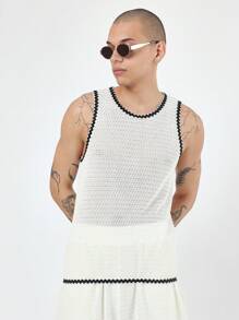 SUMWON Setelan Tank Top Rajut Bertekstur Premium untuk Musim Panas, Pakaian Olahraga Santai, Dua Potong Tanpa Lengan untuk Latihan Basket, Setelan Jala dengan Trim Kontras, Pakaian Olahraga Urban Modern - Krem - View 3