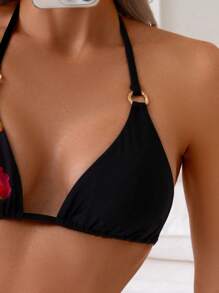 Swim Vcay Conjunto de bikini triangular con estampado de flores casual y sexy para mujer, con tirantes ajustables tipo espagueti y copas suaves sin aros