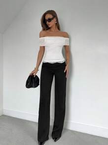 Roylia 蕾丝露肩蕾丝衬衫，蕾丝下摆，优雅休闲 - 白色 - 查看 3