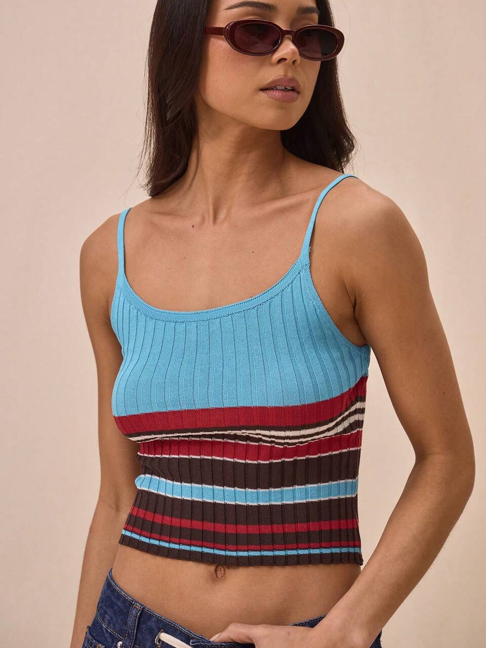 Rib Knit Thin Strap Fitted Cropped Striped Cami Top Spring Summer Vacation Fall Carnival Festival Holiday