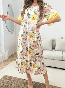 Contrast Color Splice Ruffle Hem Short Sleeve Floral Print Long Nightgown - Multicolor - View 3