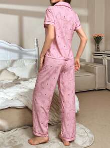 波尔卡圆点可爱猫咪印花翻领短袖睡衣套装 - 粉色 - 查看 2