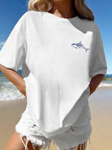 Tseoso 超大号休闲“尊重当地人”海洋度假印花鲸鱼、海龟和海洋生物图案 T 恤，柔软棉混纺（>=50% 棉），适合夏季