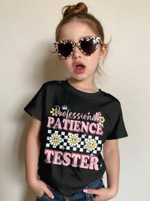 SHEIN Girls Casual Cartoon Floral Print Short Sleeve T-Shirt, Suitable For Summer