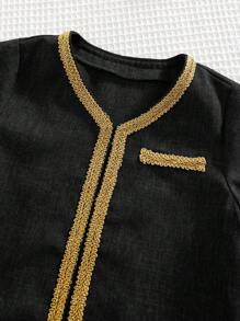 SHEIN 2pcs Set Baby Boy Casual Black With Luxury Gold Ribbon Long Sleeve Shirt And Elastic Waist Pants Set, Suitable For Birthday Party, Evening Party, Performance, Wedding, One-Month, Baptism And 1st Birthday Celebration - Black - View 6