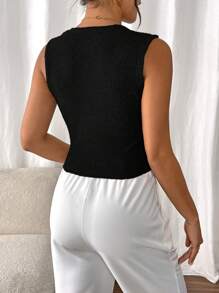 SHEIN Frenchy 女士针织纹理纽扣前休闲背心，黑色 - 黑色 - 查看 2