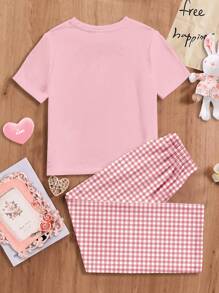 SHEIN Leap Crew Cute Bear Plaid Pattern Tween Girls Casual Minimalist Round Neck Short Sleeve T-Shirt And Loose Pants Loungewear Set, Suitable For Spring & Summer - Multicolor - View 2
