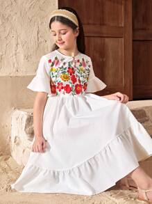 SHEIN Tween Girls Casual Vacation Embroidered Ruched Flared Sleeve A-Line Woven Solid Color Dress - White - View 1