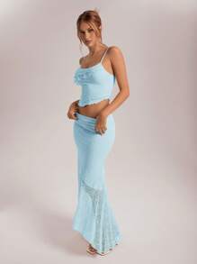 Aloruh 2pcs/Set Women's Spring/Summer Holiday/Wedding Season Lace Asymmetric Hemline Camisole Top And Low Waist Mermaid Ruffled Asymmetrical Hem Skirt - Baby Blue - View 3
