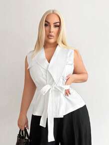 SHEIN SXY Plus Size Vrouwen Sexy Streetwear Gyanu Y2K Revers Kraag Borstzak Decor Mouwloos Strik Taille Vest, Geschikt Voor Dagelijkse Kleding, Zakelijk, Eenvoudig, Woon-werkverkeer, Elegant, Casual, Winkelen, Streetwear, Uitgaan, Gemakkelijk Te Combineren & Ziet Er Slank Uit, Accentueert Uw Lichaam, Flatteert Uw Figuur