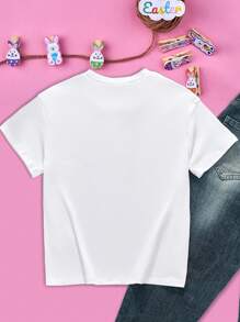 SHEIN Explorewe Cartoon Rabbit Print Crew Neck Short Sleeve Casual T-Shirt For Teen Girls - White - View 2