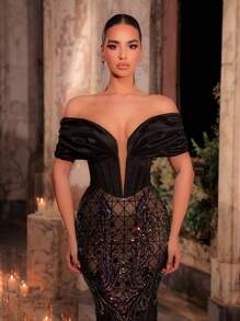 Glamrae 优雅奢华露肩亮片花朵拼接弹力缎面垂坠鱼尾裙，带可拆卸裙裾，适合婚礼、派对、单身派对、度假、舞会礼服、婚礼宾客礼服、礼服、晚礼服 - 黑色 - 查看 1