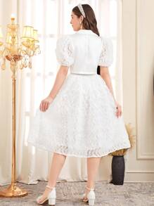 SHEIN 少女优雅翻领泡泡袖衬衫和裙子两件套 - 白色 - 查看 2