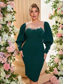 SHEIN Belle Plus Size Elegant Dark Green Vintage Puff Sleeve Long Sleeve Beaded Sheer Neck Midi Bodycon Evening Dress, Wedding Guest Dress, Party Dress, For Cocktail