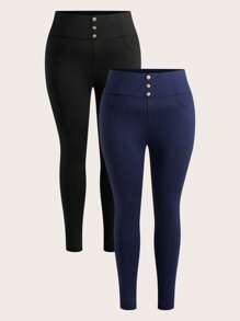SHEIN Clasi 2pcs/Set Plus Size Elegant Solid Color Button Decor Leggings
