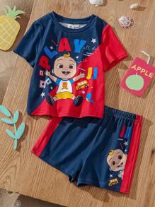 CoComelon X SHEIN Baby Boy Cartoon Print Short Sleeve T-Shirt & Shorts Casual Sports Outfit - Multicolor - View 1