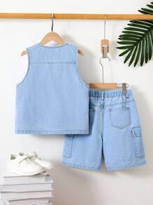 Tween Boy Utility Vest With Denim Shorts Set - Light Wash - View 2