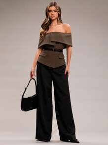 SHEIN BAE Damen Mode Off-Shoulder einfarbige Blazer Anzug, Pendler-Outfit für Herbst/Winter