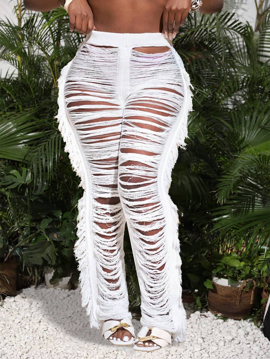 Slaydiva Sexy White Knit Fringe Pants: Tassel Cut Out Hollow Out Beach Cover Up Trousers For Women - White - View 1