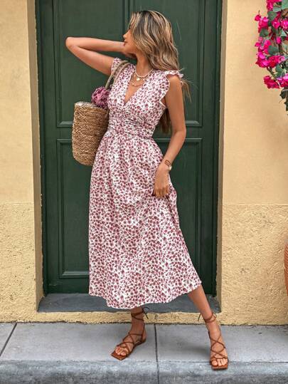 Serisse French Spring Vacation Pink Floral Fashion Waist V Neck Women's Long Dresses Summer Outfits For Women Summer Dresses For Women Vacation Outfits Woman Spring Outfits For Women Beach Outfits For Woman Spring Dresses For Women Vacation Outfits Women Flower