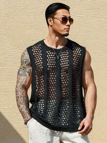 Manfinity RSRT Pull sans manche casual pour homme en grande taille, col rond, unicolore et ajouré
