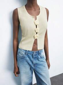 Maija 女士杏色夏季圆领纯色针织背心，带有 3D 花卉装饰，优雅时尚，适合节日、音乐节、度假、海滩、波西米亚风情、度假装 - 杏色 - 查看 3