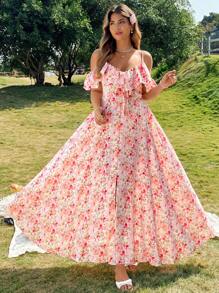 Roveilla Sukienka damska w dużych rozmiarach z kwiatowym nadrukiem, falbaniasta, z odkrytymi ramionami i rozcięciem na dole, elegancka, świąteczna