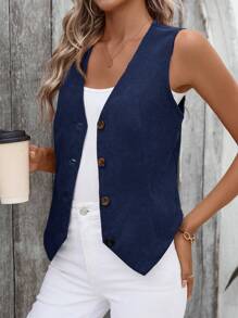 EMERY ROSE Solid Button Front Vest Blazer Corduroy In Fall/Winter - Navy Blue - View 8