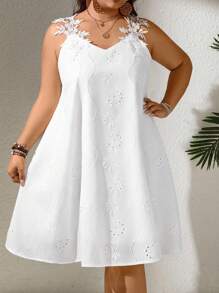 SHEIN LUNE Plus Size Women's Spring/Summer V-Neck Floral Lace Splicing Sleeveless Straight A-Line Dress, Elegant Resort/Casual Daily Wear, Fashionable And Versatile Loose Fit